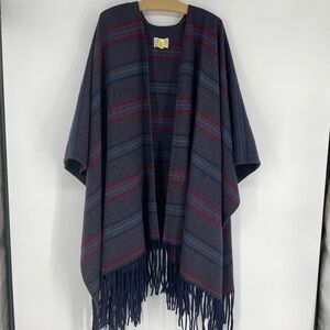 Vintage PENDLETON 100% Virgin Wool Red striped Tartan Cape Poncho Wrap